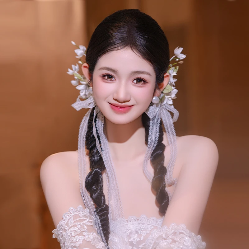 非金属布艺婚庆饰品 新款森系清新花朵新娘飘带韩式发饰品MC3501