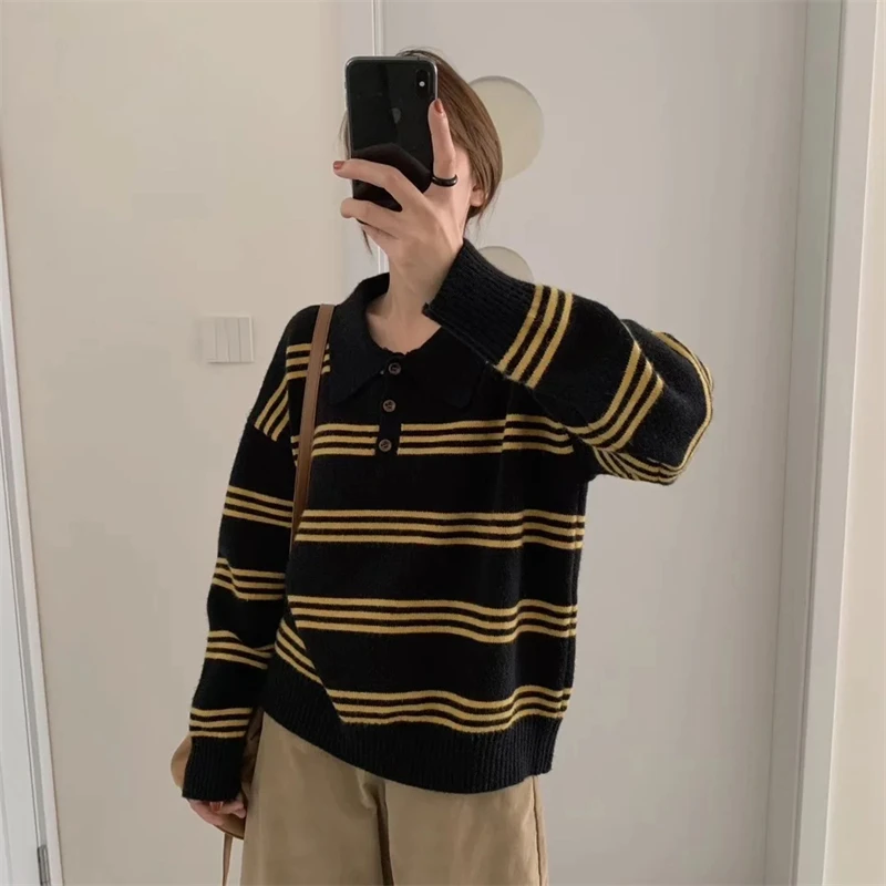 新款女简约条纹羊毛衫气质休闲POLO领拼色毛衣宽松慵懒百搭打底衫