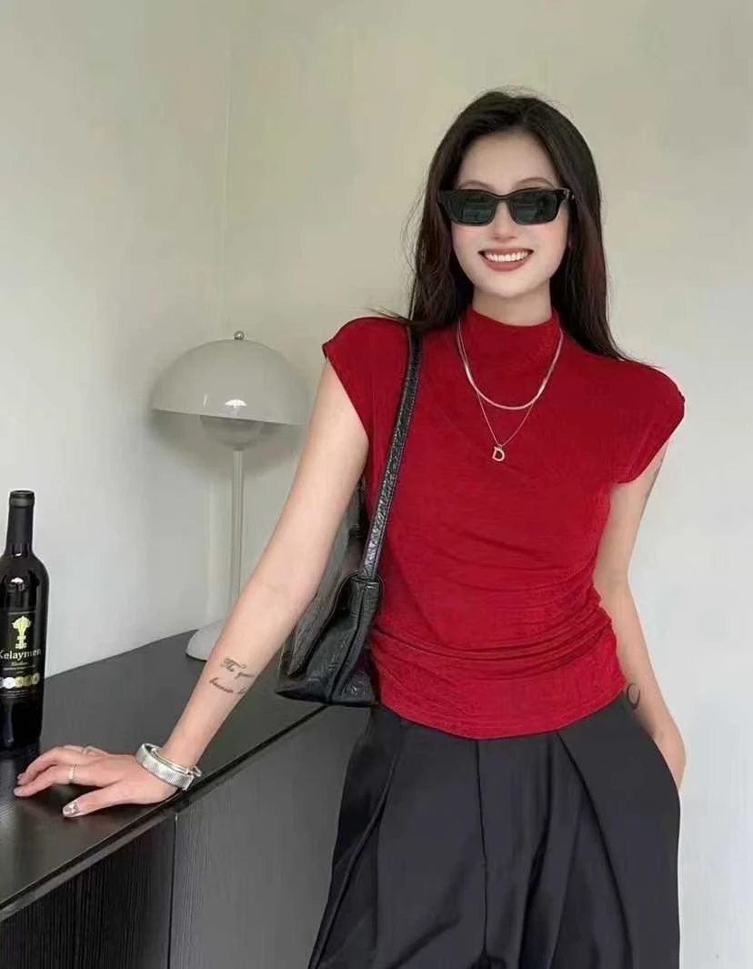 气质时尚T恤2025爆款新款修身打底褶皱丝上衣