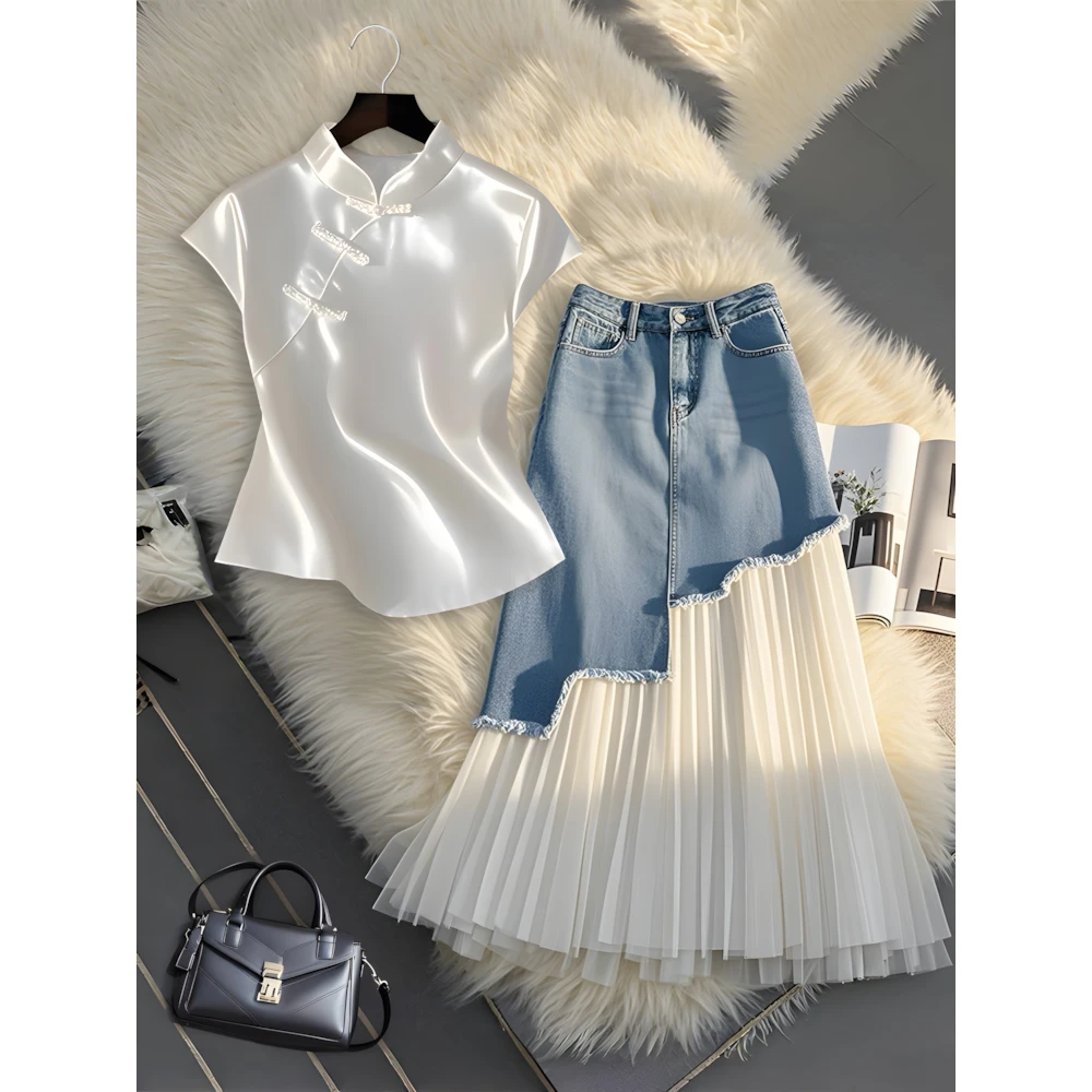 2025夏季爆款新中式轻奢高级短袖上衣蓝色拼接牛仔半身裙子套装女