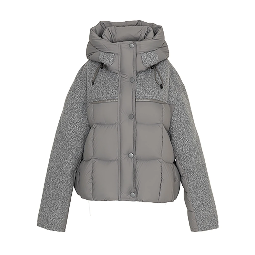 贵姿冬季新款连帽短款花纱针织拼接加厚羽绒服