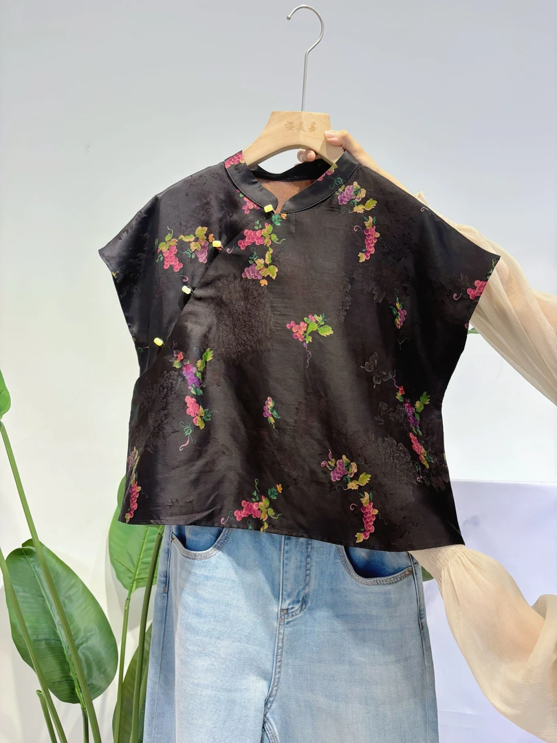 DY2541樱美嘉100桑蚕丝香云纱夏季女装新款上衣减龄气质款短袖黑