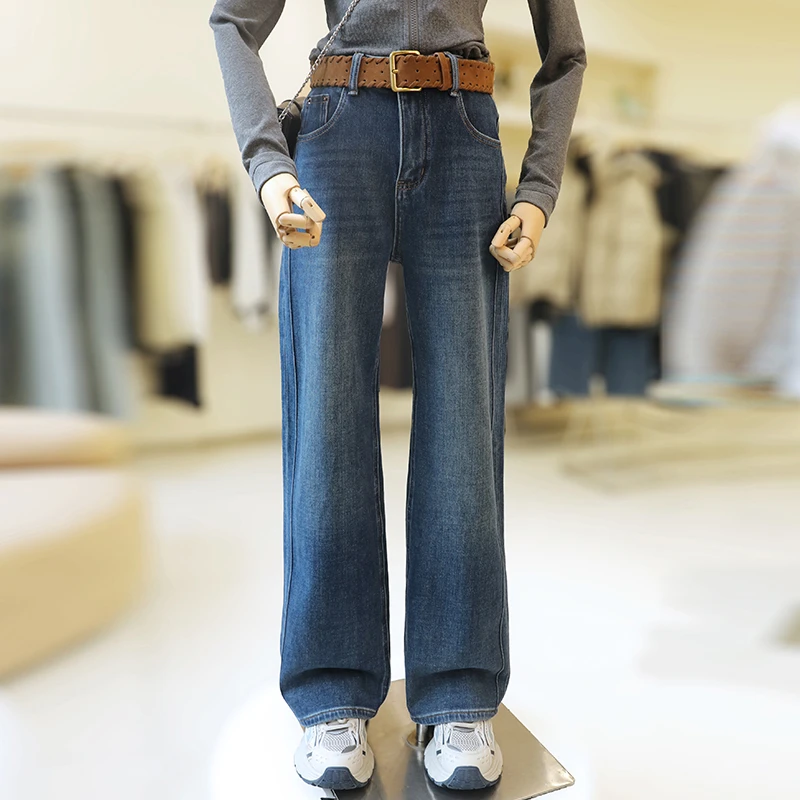 zaw大码女装薄绒直筒阔腿牛仔裤秋冬显瘦胖mm腿粗胯宽裤子/25446