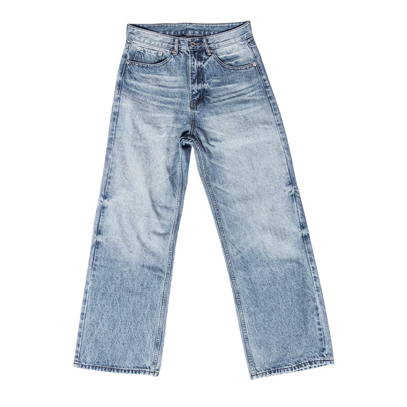 US5自制 猫须水洗浅蓝牛仔裤男女宽松直筒裤休闲复古秋冬A字长裤
