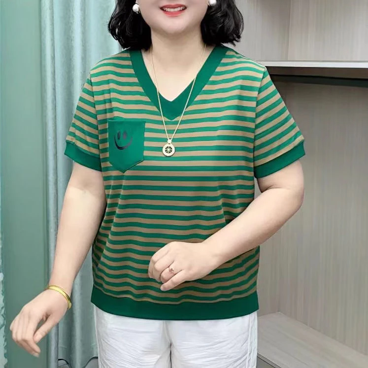 夏季显瘦T恤V领修身吸汗百搭宽松高品质条纹南韩女装短袖宽松型