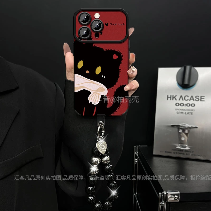 适用【苹果/oppo/华为/vivo/小米】大视窗贴皮红底黑猫防摔手机壳女