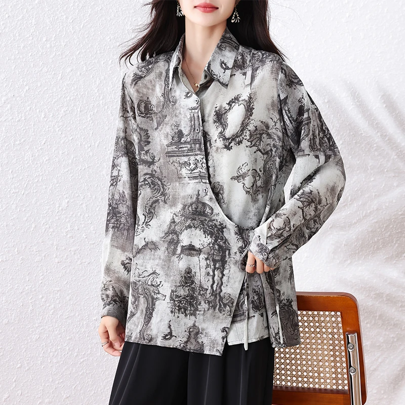 【女神新衣】2025新款大码秋季侧边系带休闲长袖衬衣印花宽松衬衫