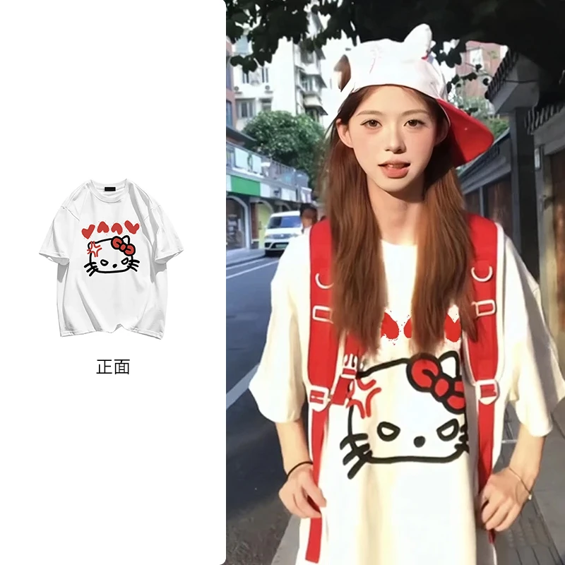 韩系慵懒感搞怪HelloKitty印花短袖T恤夏季女圆领纯棉上衣#N820