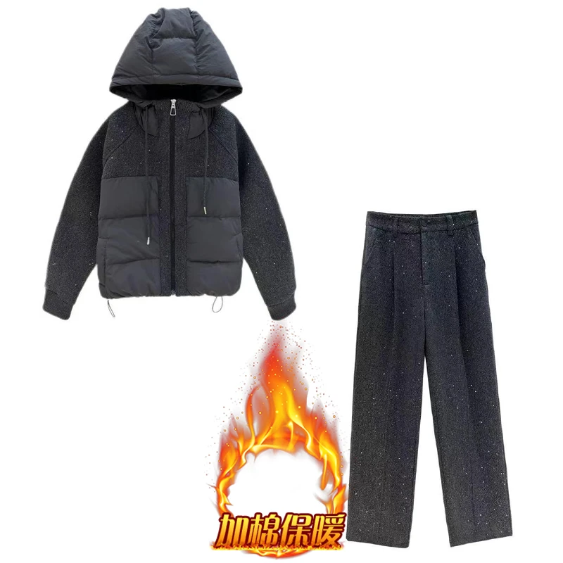 韩版时尚休闲套装女2024年冬季新款拼接保暖棉服外套直筒裤两件套