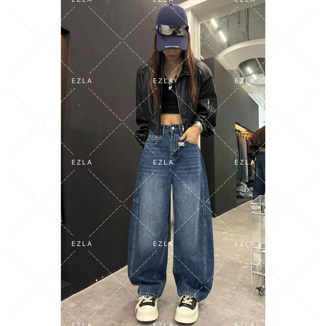 EZ8609-【早秋新款】深蓝色设计百搭显瘦无弹水洗美式老爹堆堆裤
