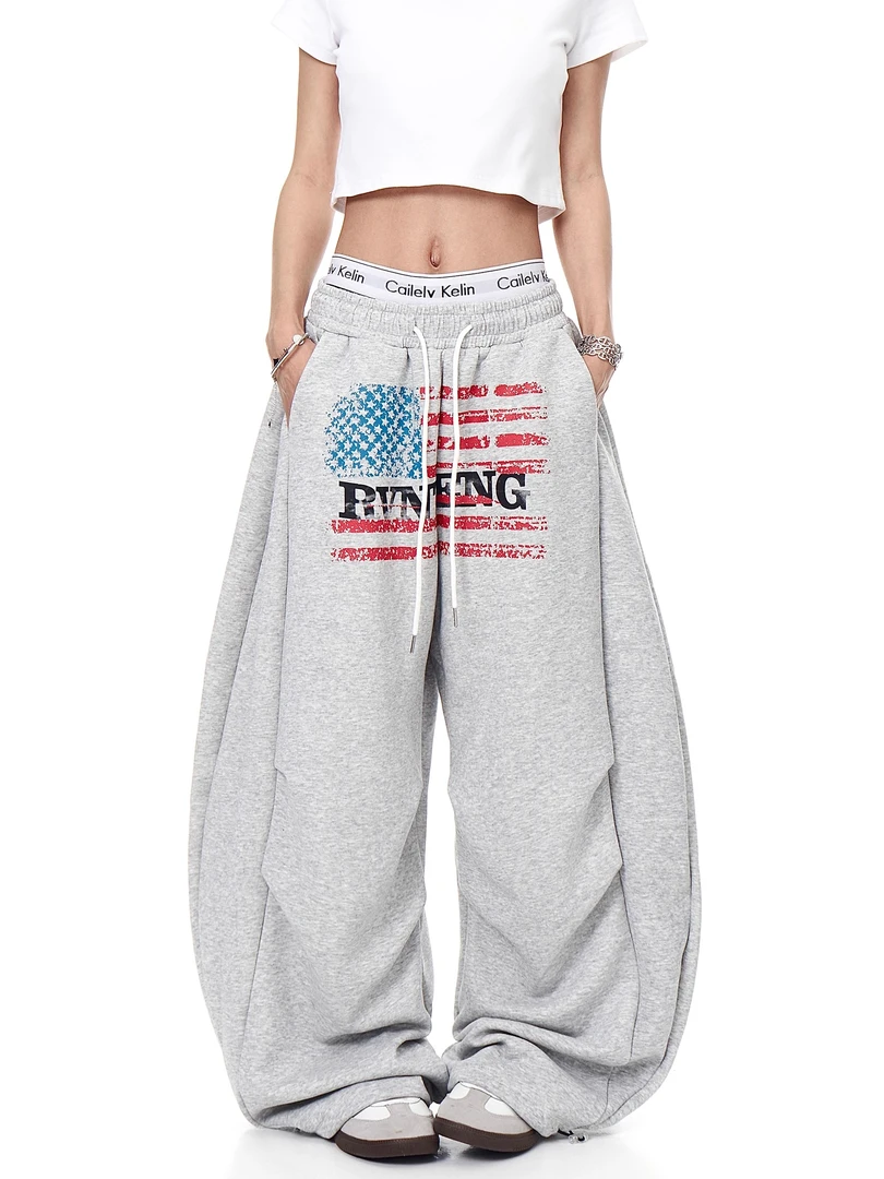 美式复古旗帜印花褶皱弯刀卫裤男女街舞运动宽松阔腿裤裤子弯刀裤