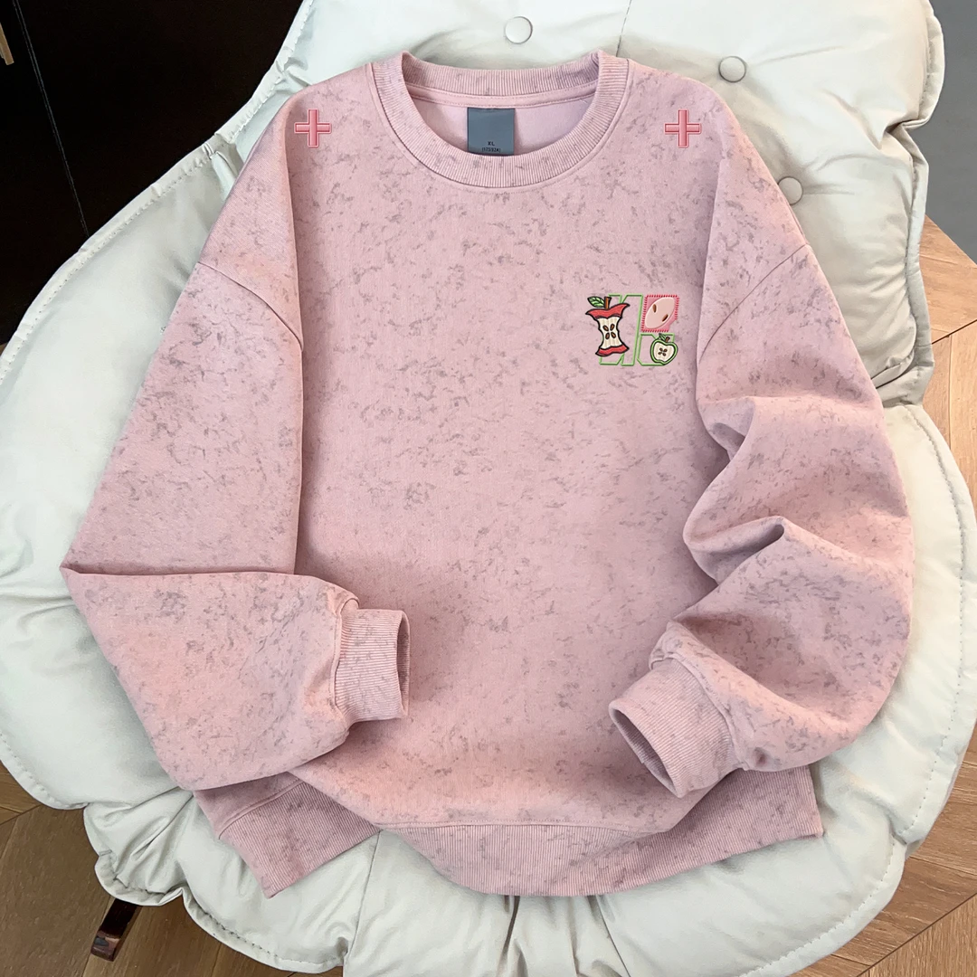 美式时髦字母印花重磅卫衣秋冬男女新款加绒宽松蜡染粉色圆领上衣