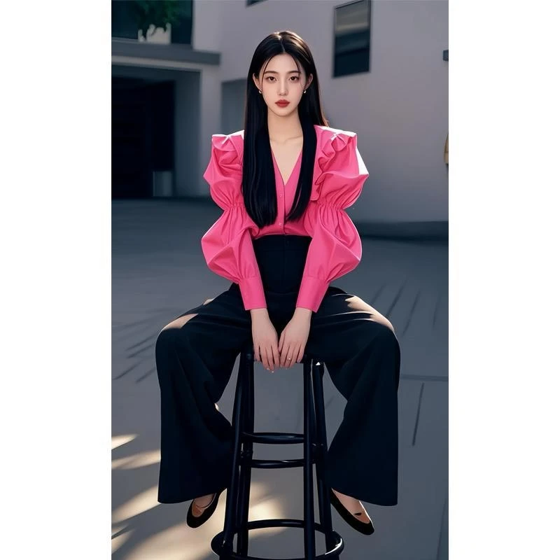 2025年春秋韩系新款宽松显瘦慵懒风设计感泡泡袖衬衫裤子女两件套