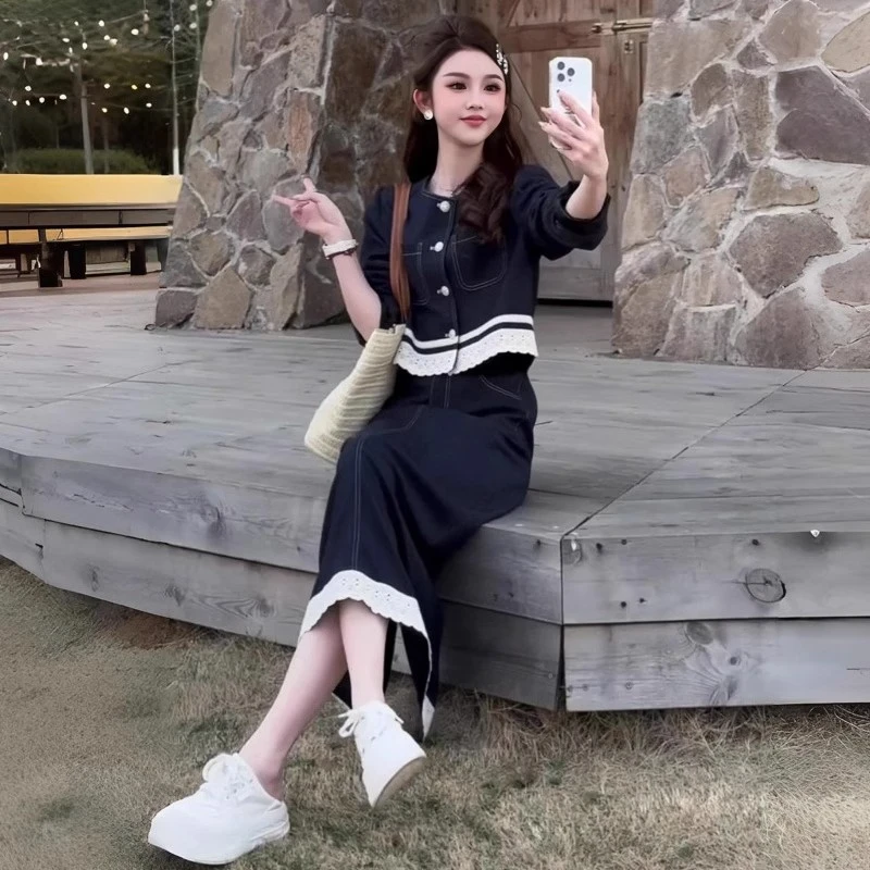 牛仔时尚套装女2025春季新款蕾丝拼接外套洋气显瘦减龄阔腿裤套装