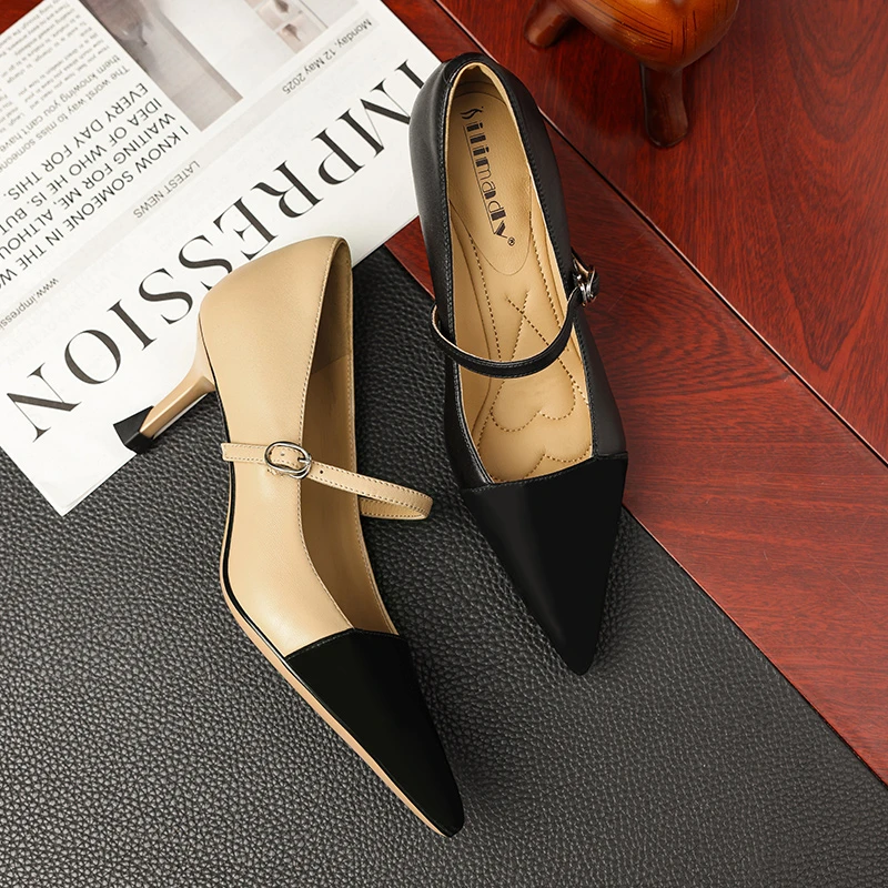 真皮尖头一字式扣带浅口四季通用女鞋春夏拼色夏季单鞋中跟粗跟