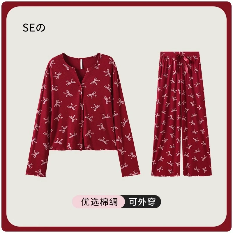 ins韩版甜美蝴蝶结睡衣女春秋季新款V领长袖红色本命年喜庆家居服