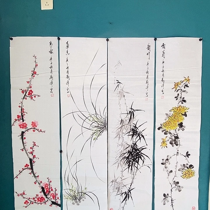 国画四条屏手绘作品