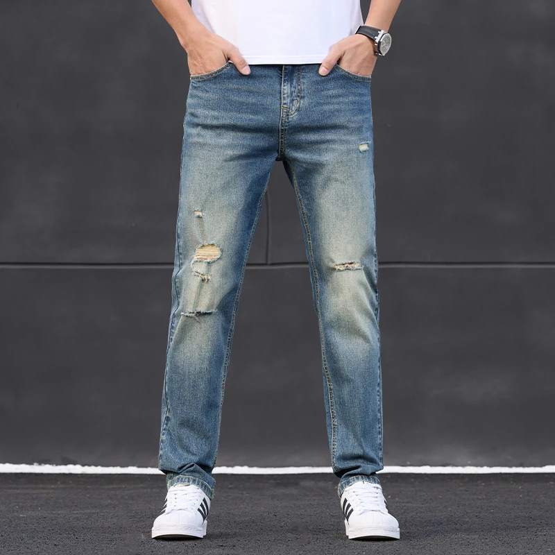 1266#春夏纯棉修身直筒弹力破洞牛仔男28-40码【25】(外景灰墙)