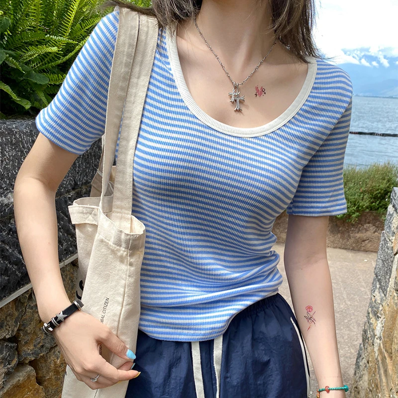 网红时尚炸街新款女装2025设计条纹拼接小个子显瘦短袖T恤女上衣