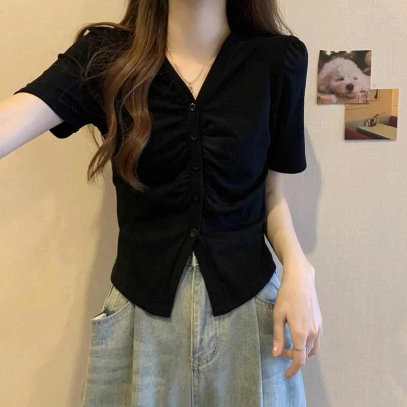 大码正肩遮肚子短袖t恤女夏季胖妹妹显瘦上衣设计感泡泡袖打底衫