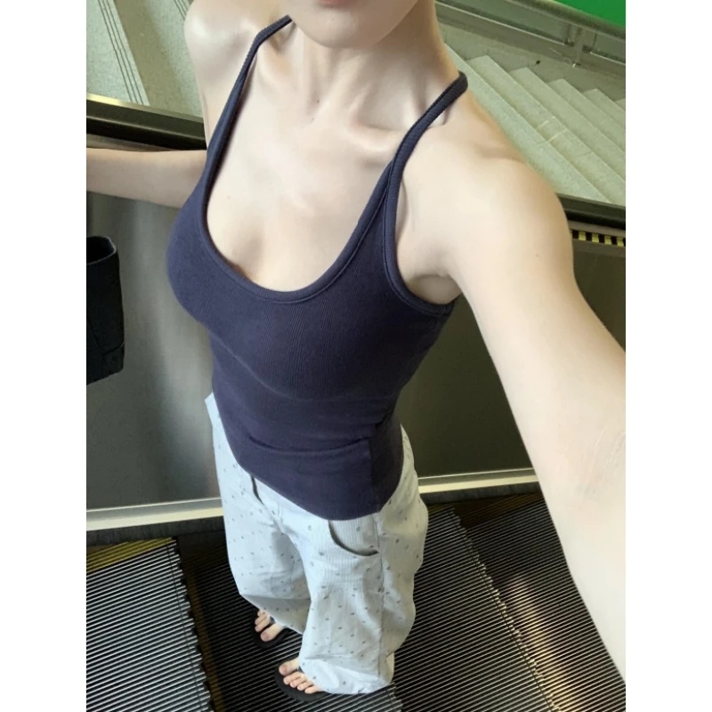 挂脖吊带背心女外穿性感美背辣妹收腰显瘦内搭带胸垫工字背上衣夏
