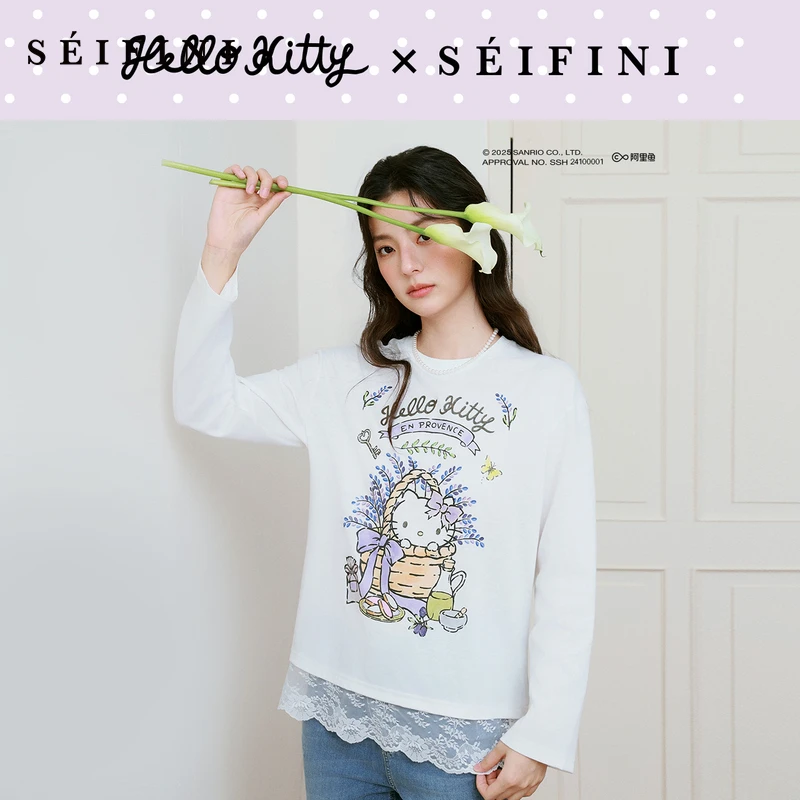 【HelloKitty合作系列】诗凡黎蕾丝拼接T恤新款宽松上衣7G3100591