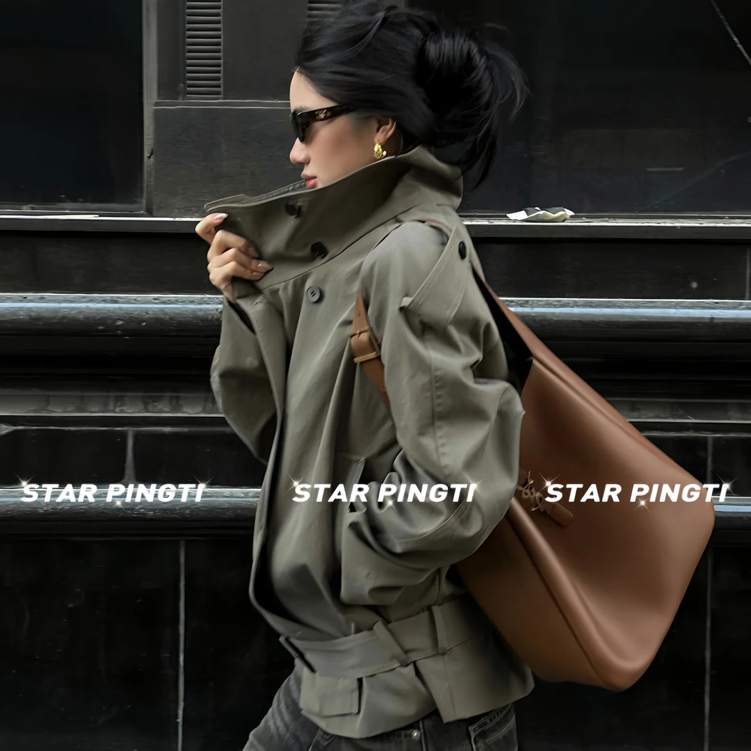 双排扣大翻领短款风衣外套女秋季新款高级感复古宽松通勤长袖上衣