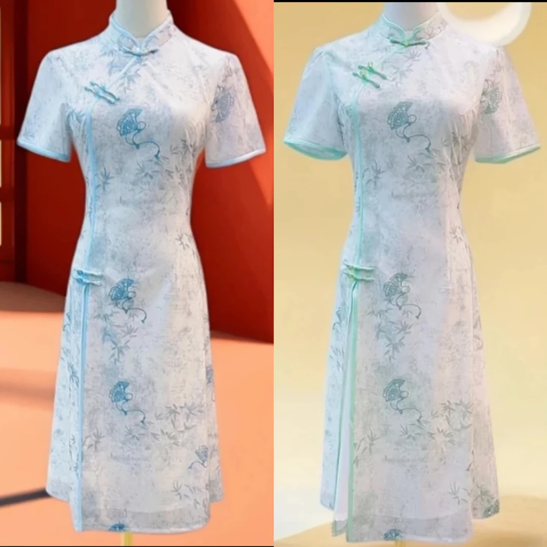 05-美人扇秀外慧中奥黛旗袍裙显瘦中长款夏季修身印花日常M-5XL