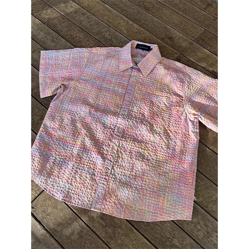 粉色泡泡纱短袖衬衫男夏季休闲宽松冰丝衬衣设计感美式情侣外套