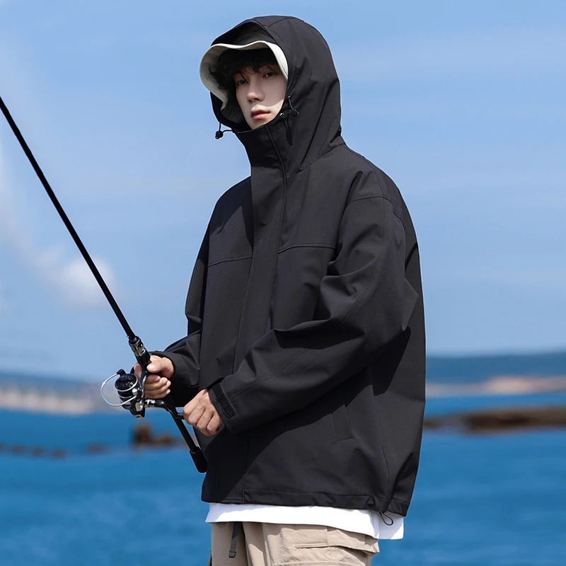 HE冲锋衣男士外套春秋季新款潮牌宽松连帽男装防水纯色夹克男