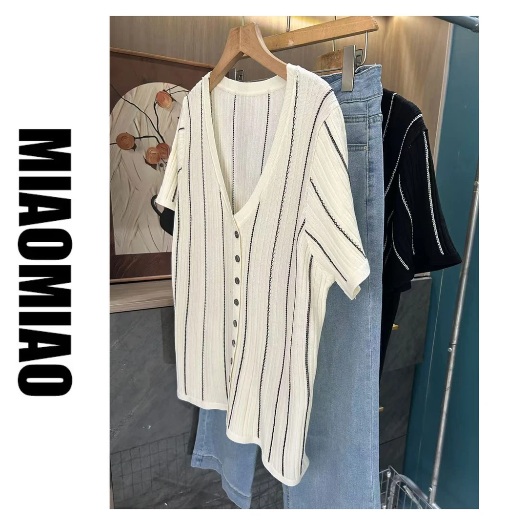 【苗苗】891大码圆领正肩针织衫短袖t恤女夏季宽松遮肉显瘦上衣