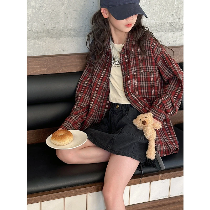 K27005复古女童格子衬衫2025春装新款儿童外套春秋时尚女大童上衣