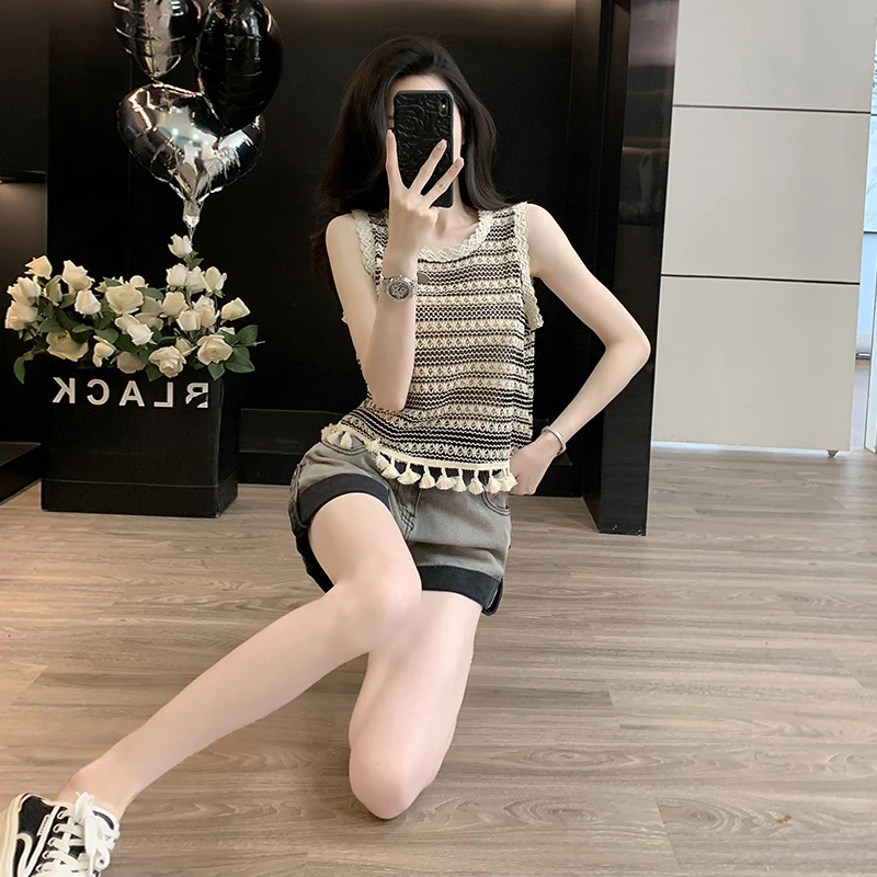 网红小个子穿搭一整套夏季洋气短袖针织衫显瘦高腰牛仔短裤两件套