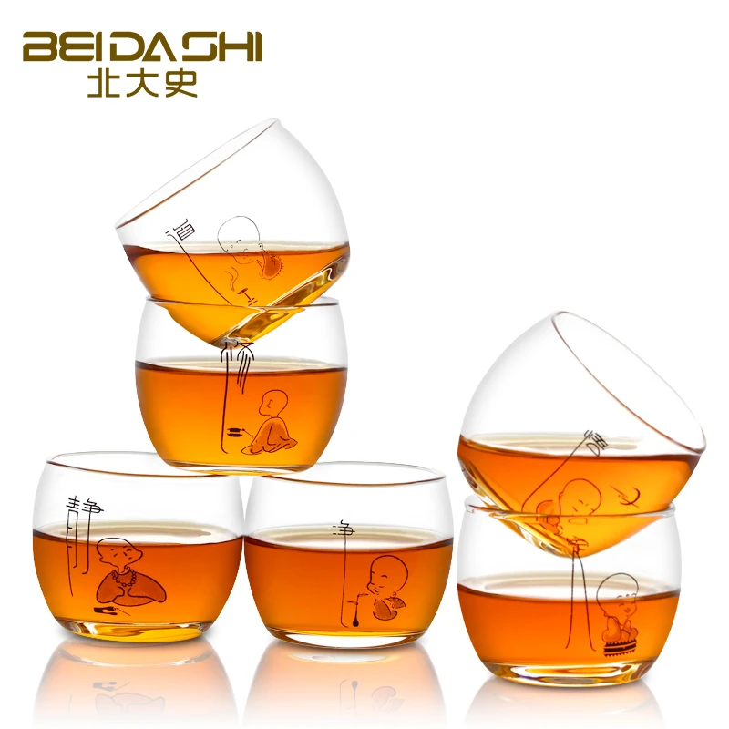 北大史玻璃主人杯功夫小茶杯纯手工品茗杯小和尚禅心品茶杯6只装