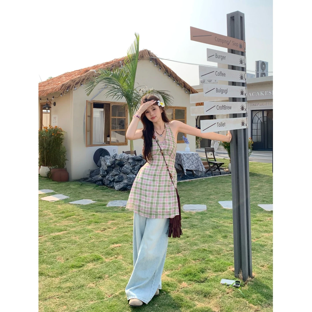 【婉er】2025盛夏 短款挂脖显瘦小个子粉绿格纹吊带HSWG1188X