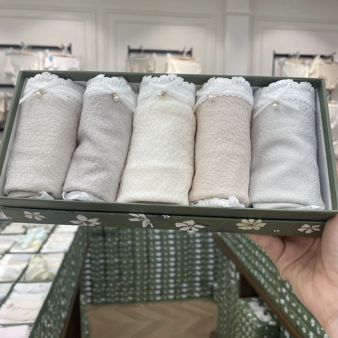 亚麻和棉混纺内裤女士蕾丝边中腰包臀柔软短裤抑菌女三角裤头