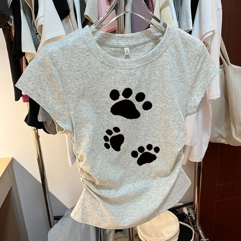 猫爪印花短袖T恤女正肩夏季掐腰设计感小众收款显瘦短款辣妹上衣