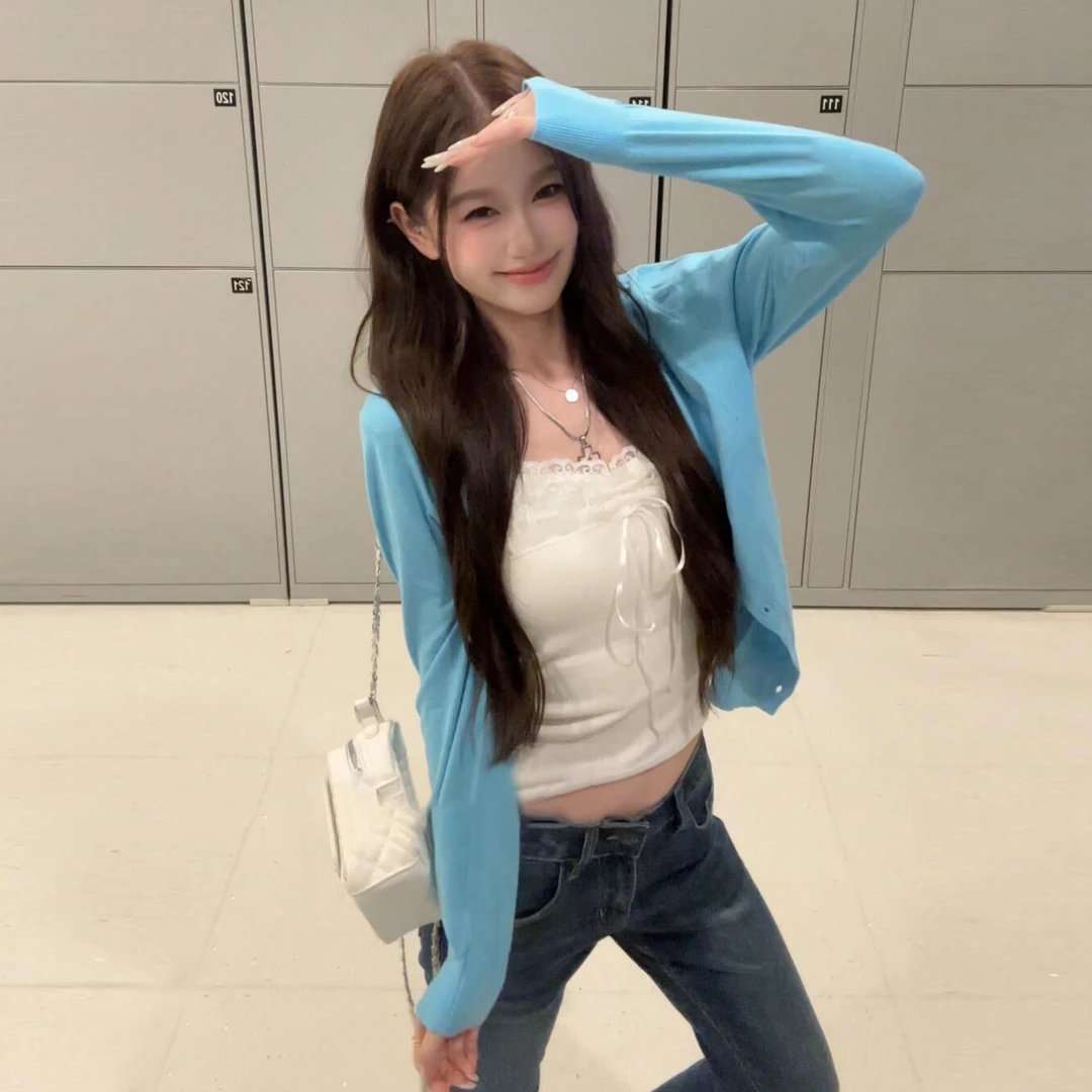 早秋韩系蓝色薄款开衫针织衫女2025新款穿搭高级感配吊带外套上衣