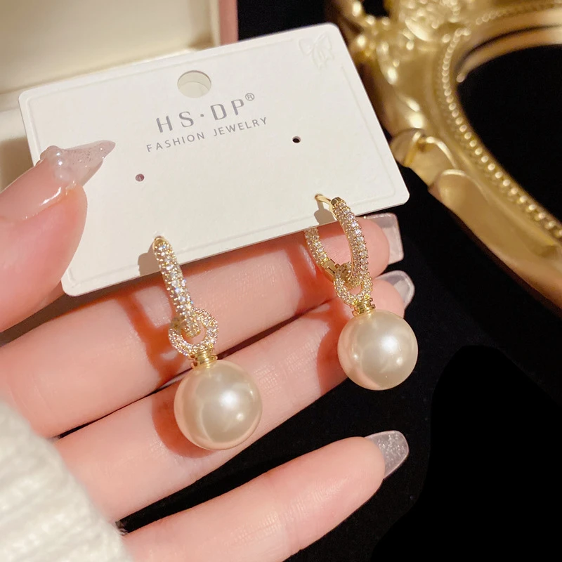 铜合金仿珍珠耳饰 【HD】时尚轻奢气质优雅微镶锆石两戴珍珠耳饰
