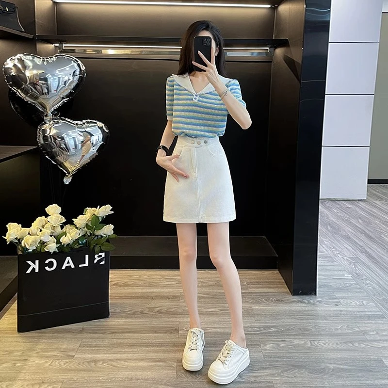 初夏出游穿搭套装女夏装搭配一整套海军领条纹针织衫牛仔裙两件套