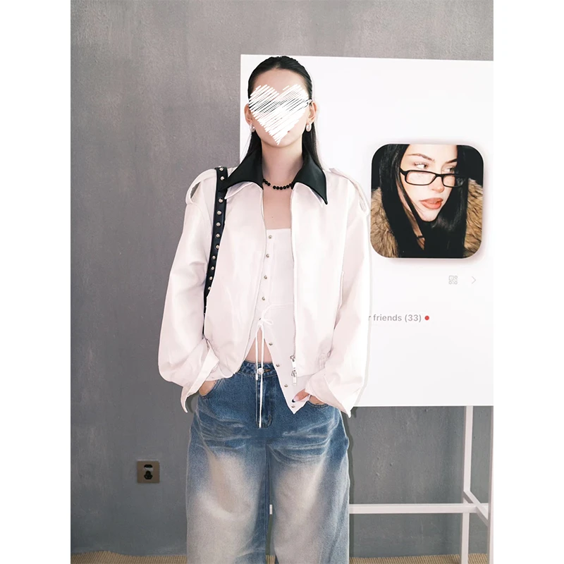 芊喜Studio 巴恩风短外套撞色翻领工装夹克宽松复古上衣