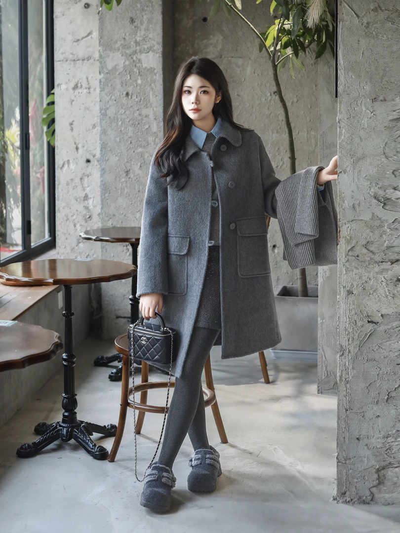 新款小个子中长款时尚娃娃领显高冬季双面呢大衣19114
