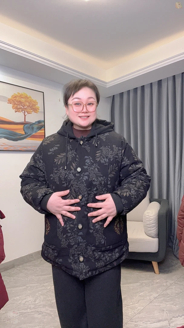 经典黑色牛仔加绒厚实保暖连帽国风妈妈装外套