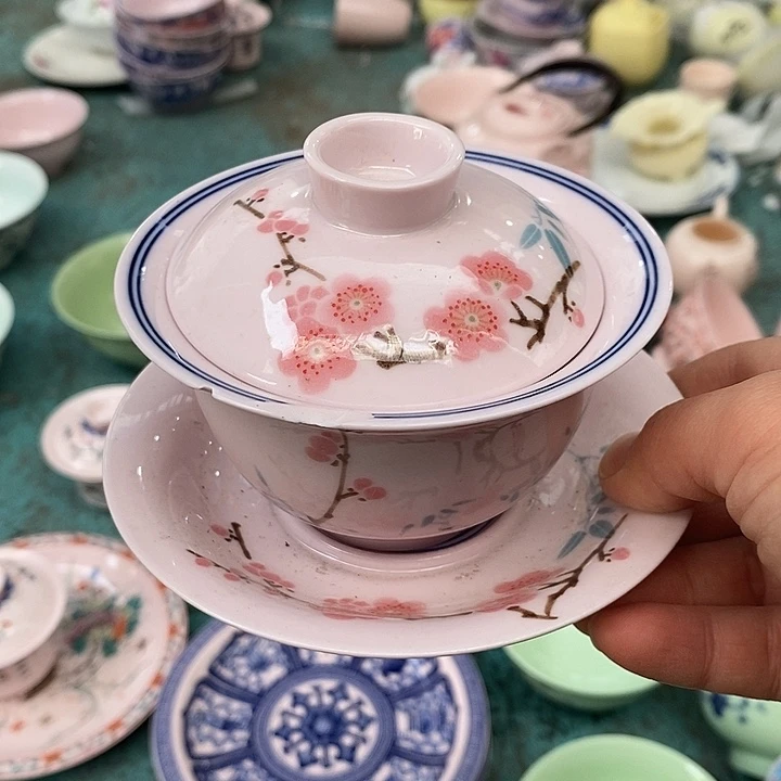 摆件陶红稀土翠竹三才盖碗