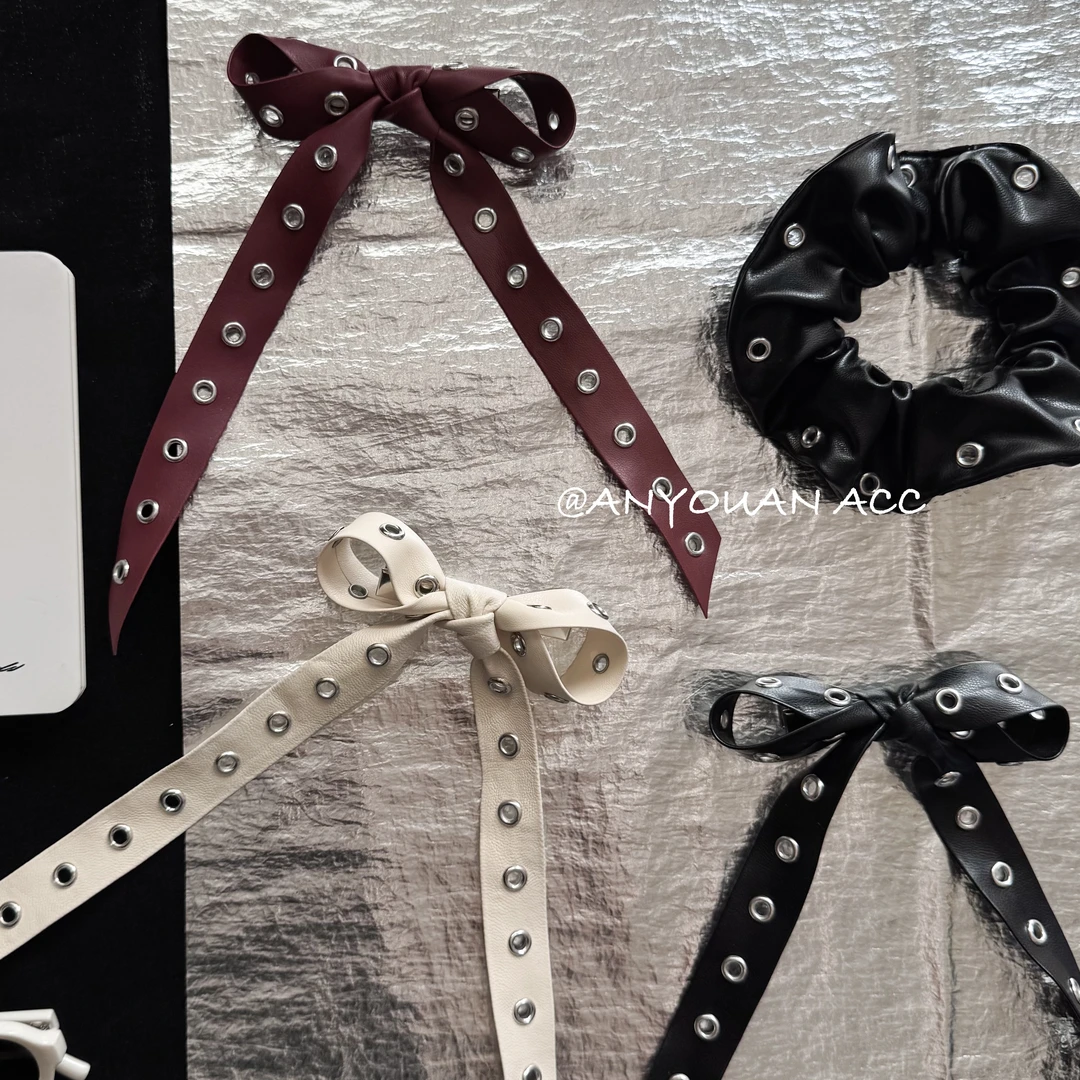 小众设计感铆钉蝴蝶结皮质潮酷发夹边夹街头感甜酷鸭嘴夹发饰