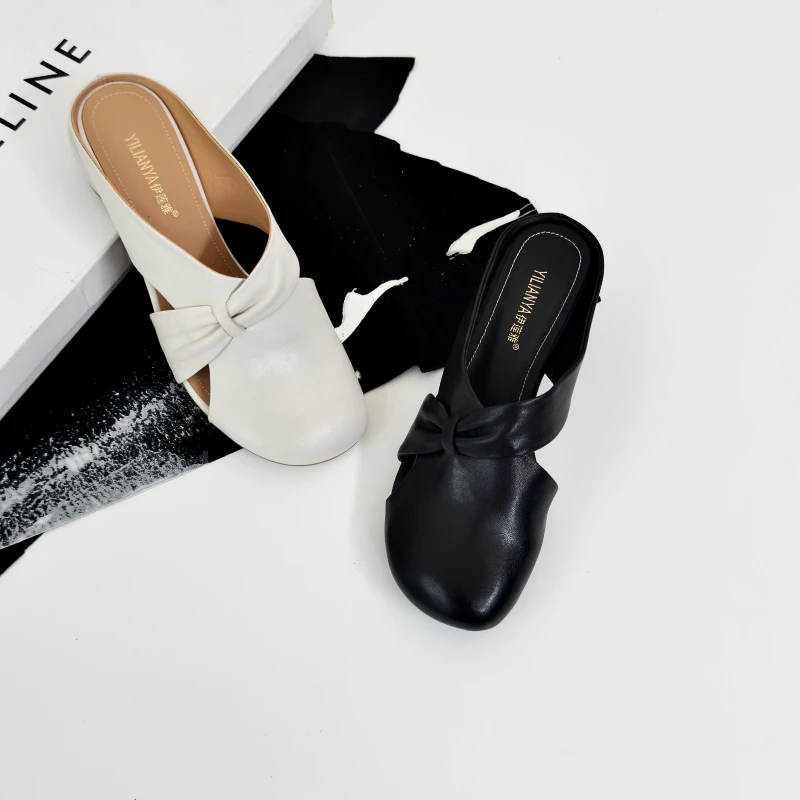 385-558包头拖鞋女外穿真皮凉拖粗跟低跟镂空大码女鞋圆头半拖夏