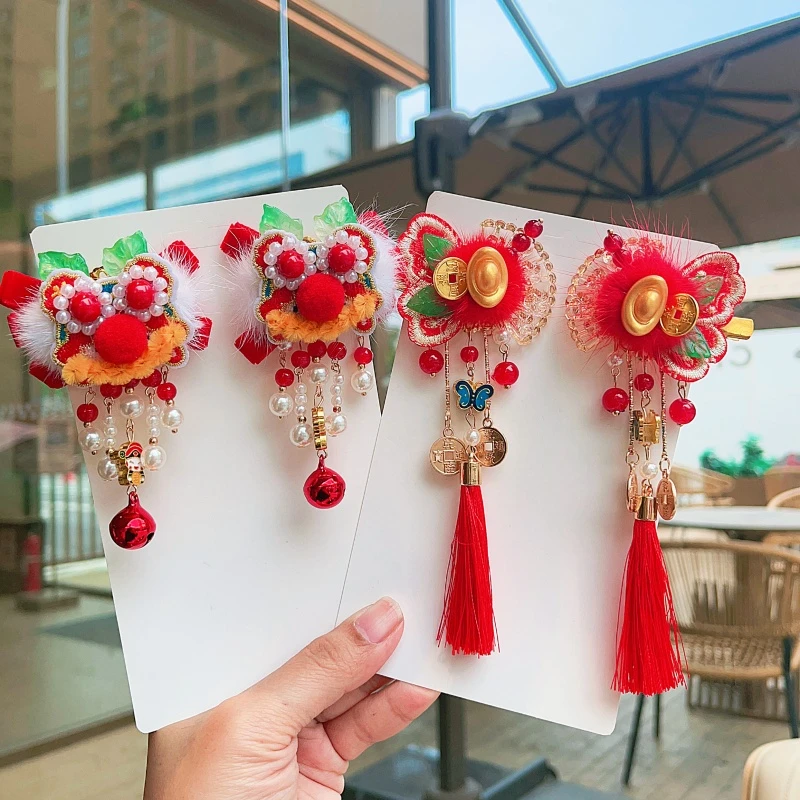 宝宝汉服中国风发夹2026冬季女童红色发饰古风对夹子公主儿童头饰