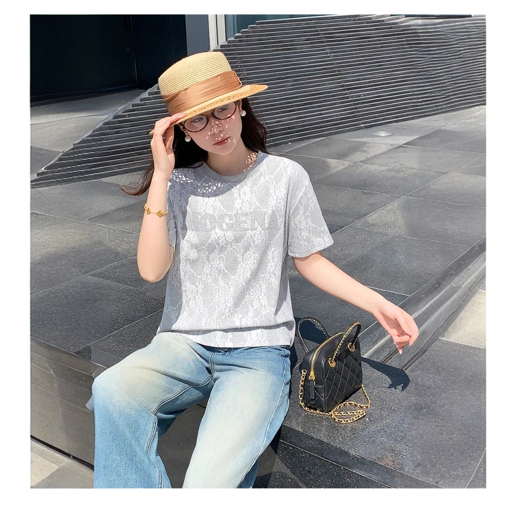 【杰苹夫妇专属】纯棉夏日时尚简约潮流圆领蕾丝短袖宽松百搭上衣