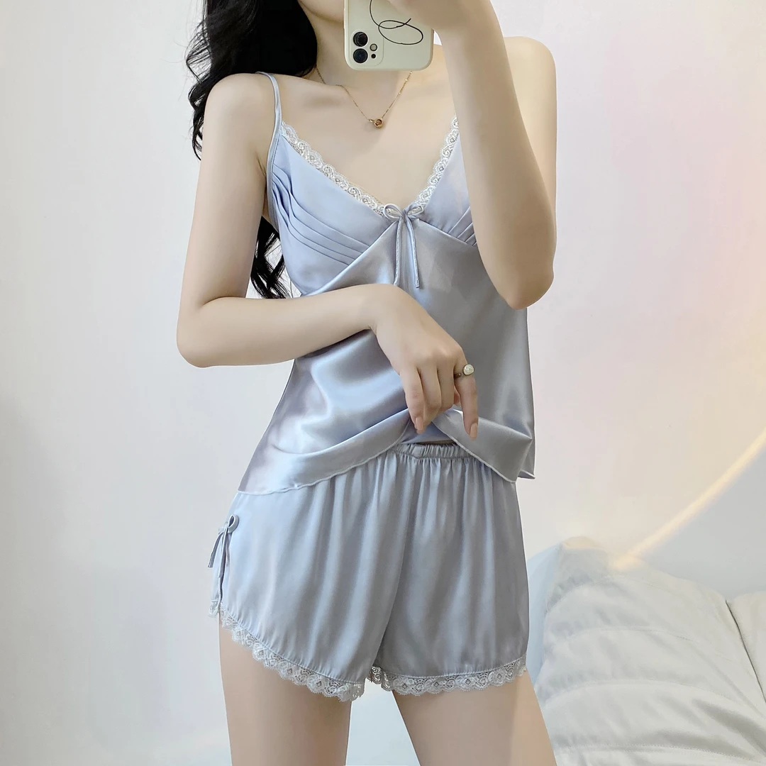 夏季睡衣日系透气薄款短裤打底家居服清凉大美背设计带胸垫轻奢感