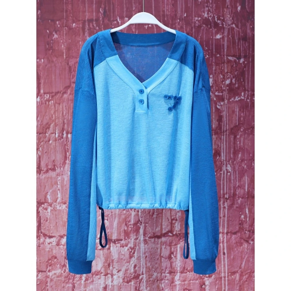 【韩哥女装】夏季欧货设计师蓝色撞色拼接爽肤衣长袖衫8168